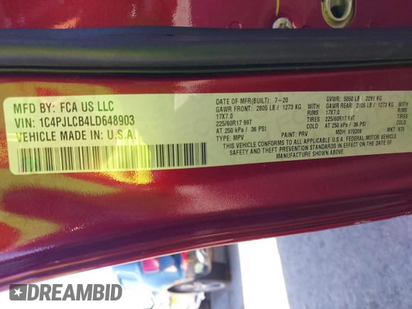 2020 Jeep Cherokee Latitude with VIN 1C4PJLCB4LD648903, listed as a IAAI auction lot 42267209 with 20,133 mi miles and . Bid and sale history available at DreamBid. Image 9.