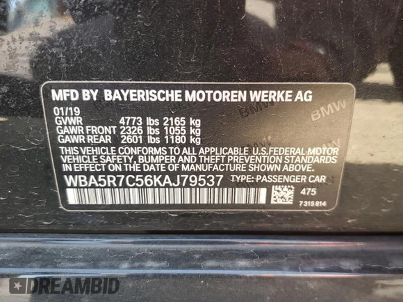2019 BMW 3 Series 330i xDrive with VIN WBA5R7C56KAJ79537, listed as a Copart auction lot 56411495 with 72,243 mi miles and Salvage title. Bid and sale history available at DreamBid. Image 12.