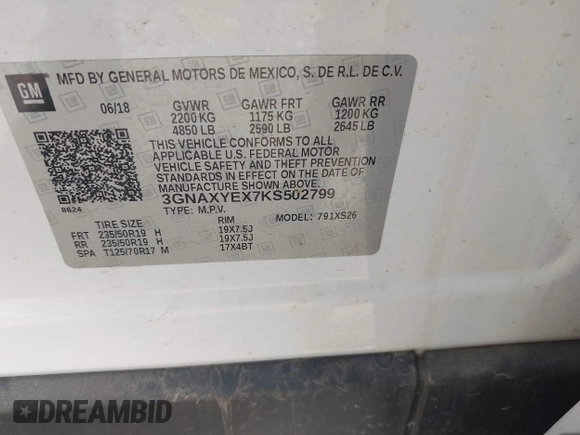 2019 Chevrolet Equinox Premier with VIN 3GNAXYEX7KS502799, listed as a IAAI auction lot 42102610 with 73,575 mi miles and . Bid and sale history available at DreamBid. Image 9.
