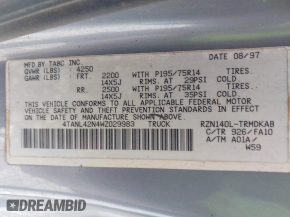 1998 Toyota Tacoma with VIN 4TANL42N4WZ029983, listed as a IAAI auction lot 41703048 with 411,928 mi miles and . Bid and sale history available at DreamBid. Image 9.