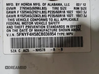 2012 Honda Pilot EX-L with VIN 5FNYF4H58CB036954, listed as a Copart auction lot 50565795 with 174,282 mi miles and Salvage Title. Bid and sale history available at DreamBid. Image 14.