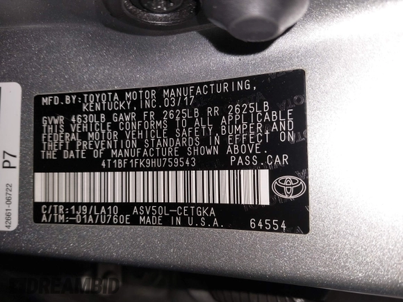 2017 Toyota Camry XLE z VIN 4T1BF1FK9HU759543, wystawiony jako IAAI lot #42264042 z przebiegiem 97 143 mil mil oraz . Historia ofert i sprzedaży dostępna na DreamBid. Obrazek 9.