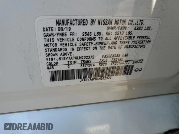 2020 Infiniti Q50 Luxe with VIN JN1EV7APXLM202372, listed as a Copart auction lot 65206765 with 45,788 mi miles and Salvage title. Bid and sale history available at DreamBid. Image 12.