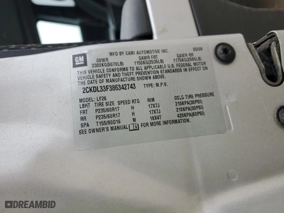 2008 Pontiac Torrent with VIN 2CKDL33F386342743, listed as a Copart auction lot 46872975 with 0 mi miles and Non Repairable. Bid and sale history available at carsss.com. Image 15.