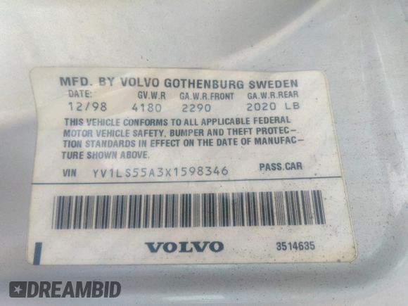 1999 Volvo S70 z VIN YV1LS55A3X1598346, wystawiony jako IAAI lot #35803246 z przebiegiem 215 097 mil mil oraz . Historia ofert i sprzedaży dostępna na DreamBid. Obrazek 9.