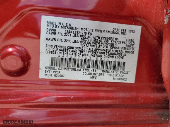 2013 Mitsubishi Outlander Sport ES with VIN 4A4AP3AU3DE016133, listed as a Copart auction lot 50815655 with 80,500 mi miles and Salvage Title. Bid and sale history available at carsss.com. Image 13.