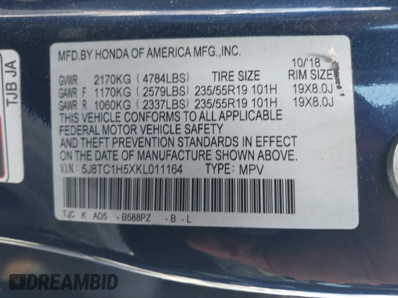 2019 Acura RDX Technology with VIN 5J8TC1H5XKL011164, listed as a IAAI auction lot 41783237 with Not provided miles and . Bid and sale history available at DreamBid. Image 9.