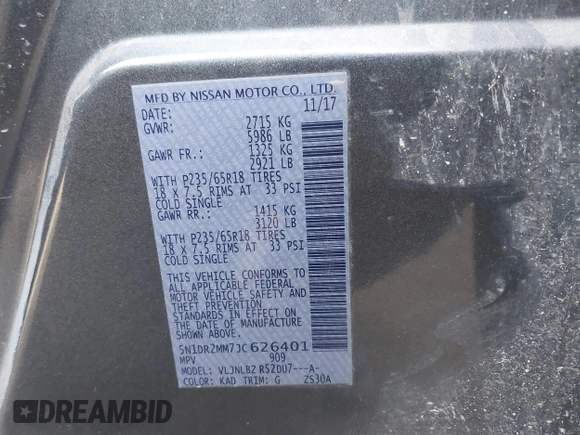 2018 Nissan Pathfinder SL with VIN 5N1DR2MM7JC626401, listed as a IAAI auction lot 40964722 with 89,557 mi miles and . Bid and sale history available at DreamBid. Image 9.