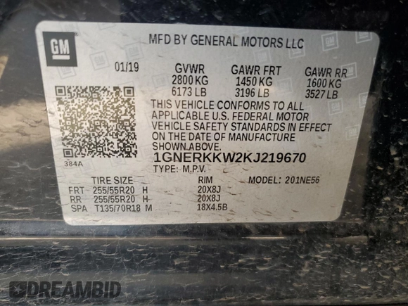 2019 Chevrolet Traverse Premier with VIN 1GNERKKW2KJ219670, listed as a Copart auction lot 50289295 with 58,055 mi miles and Salvage Title. Bid and sale history available at carsss.com. Image 14.