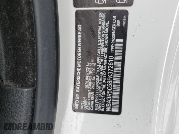 2015 BMW 4 Series 435i xDrive with VIN WBA3R5C58FK372610, listed as a Copart auction lot 43156135 with 107,031 mi miles and Salvage title. Bid and sale history available at DreamBid. Image 12.