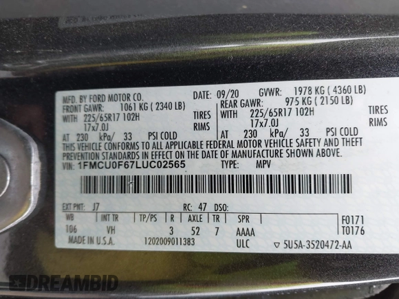 2020 Ford Escape S with VIN 1FMCU0F67LUC02565, listed as a IAAI auction lot 42012711 with 74,317 mi miles and . Bid and sale history available at carsss.com. Image 9.