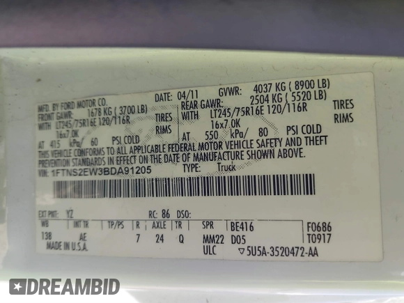 2011 Ford Econoline Cargo Commercial with VIN 1FTNS2EW3BDA91205, listed as a IAAI auction lot 41790122 with 316,987 mi miles and . Bid and sale history available at DreamBid. Image 9.