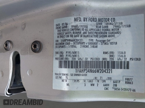 2006 Ford Focus S with VIN 1FAHP34N66W204321, listed as a IAAI auction lot 42363339 with 223,278 mi miles and . Bid and sale history available at DreamBid. Image 9.