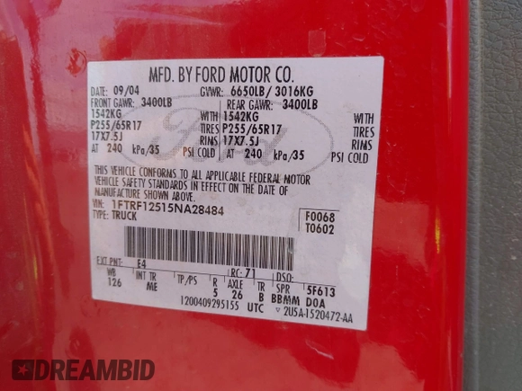 2005 Ford F-150 XL with VIN 1FTRF12515NA28484, listed as a IAAI auction lot 41812816 with 164,163 mi miles. Bid and sale history available at carsss.com. Image 9.