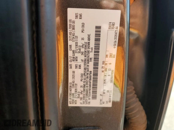 2017 Ford F-150 XL with VIN 1FTEW1EG0HFB89788, listed as a Copart auction lot 54906695 with 109,506 mi miles and Salvage Title. Bid and sale history available at carsss.com. Image 12.