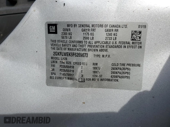 2015 GMC Terrain SLE with VIN 2GKFLWEK6F6269073, listed as a Copart auction lot 49273345 with 73,243 mi miles and Salvage title. Bid and sale history available at DreamBid. Image 13.