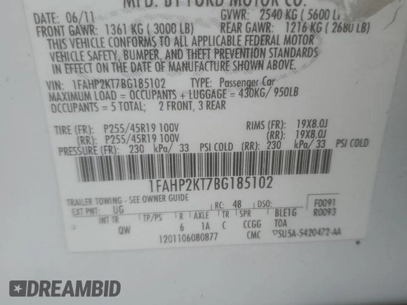 2011 Ford Taurus SHO with VIN 1FAHP2KT7BG185102, listed as a Copart auction lot 49904285 with 192,553 mi miles and Salvage Title. Bid and sale history available at DreamBid. Image 14.