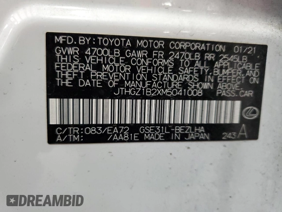 2021 Lexus IS 350 F Sport z VIN JTHGZ1B2XM5041008, wystawiony jako Copart lot #49146365 z przebiegiem 44 926 mil mil oraz Szkoda całkowita • Salvage title. Historia ofert i sprzedaży dostępna na DreamBid. Obrazek 12.