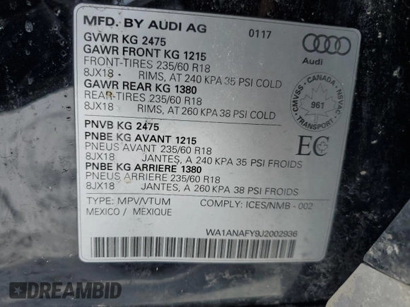 2018 Audi Q5 Premium with VIN WA1ANAFY9J2002936, listed as a Copart auction lot 46280385 with 135,726 mi miles and Clean Title. Bid and sale history available at carsss.com. Image 13.