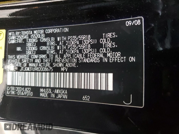 2008 Lexus RX 400h with VIN JTJGW31U982008675, listed as a Copart auction lot 86655194 with 127,021 mi miles and Salvage Title. Bid and sale history available at DreamBid. Image 15.