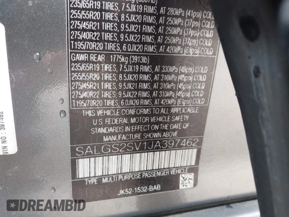 2018 Land Rover Range Rover HSE с VIN SALGS2SV1JA397462, выставлен на аукционе IAAI как лот 42166558 с пробегом 55 421 миль миль и . История ставок и продаж доступна на DreamBid. Изображение 9.