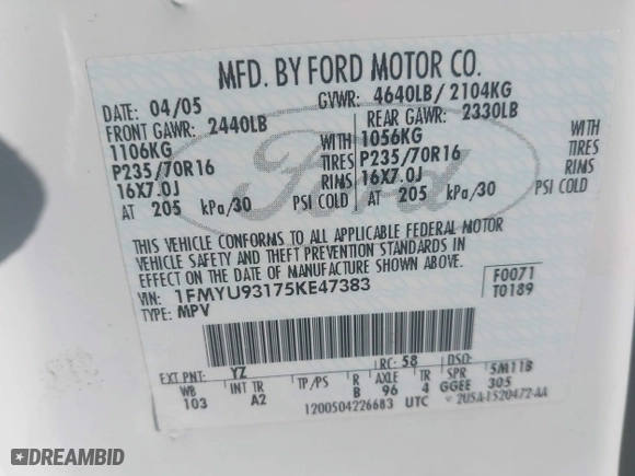 2005 Ford Escape XLT with VIN 1FMYU93175KE47383, listed as a IAAI auction lot 41967643 with 153,036 mi miles. Bid and sale history available at carsss.com. Image 9.