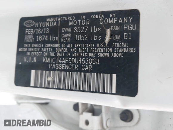2013 Hyundai Accent GLS with VIN KMHCT4AE9DU453033, listed as a IAAI auction lot 42191037 with 163,171 mi miles and . Bid and sale history available at DreamBid. Image 9.