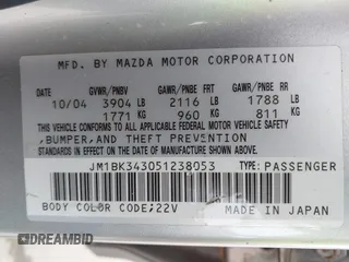 2005 Mazda 3 s z VIN JM1BK343051238053, wystawiony jako IAAI lot #42189736 z przebiegiem 113 069 mil mil oraz . Historia ofert i sprzedaży dostępna na DreamBid. Obrazek 9.