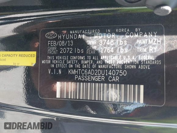 2013 Hyundai Veloster w/Gray Int with VIN KMHTC6AD2DU140750, listed as a IAAI auction lot 42615351 with 191,873 mi miles and . Bid and sale history available at DreamBid. Image 9.
