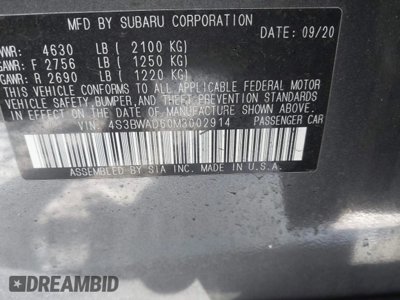 2021 Subaru Legacy Premium with VIN 4S3BWAD60M3002914, listed as a IAAI auction lot 41354764 with 56,475 mi miles and . Bid and sale history available at DreamBid. Image 9.
