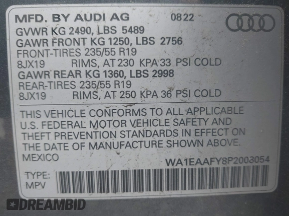 2023 Audi Q5 S line Premium Plus with VIN WA1EAAFY8P2008054, listed as a IAAI auction lot 42678217 with 20,363 mi miles and . Bid and sale history available at DreamBid. Image 9.