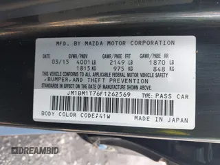 2015 Mazda 3 i SV with VIN JM1BM1T76F1262569, listed as a IAAI auction lot 41472375 with 89,932 mi miles. Bid and sale history available at carsss.com. Image 9.