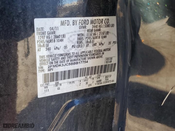 2011 Ford Edge SEL with VIN 2FMDK3JC5BBB17754, listed as a Copart auction lot 85321394 with 0 mi miles and Salvage Title. Bid and sale history available at carsss.com. Image 15.