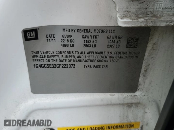 2012 Buick LaCrosse Leather with VIN 1G4GC5E32CF222073, listed as a Copart auction lot 56491105 with 93,203 mi miles and Salvage title. Bid and sale history available at DreamBid. Image 12.
