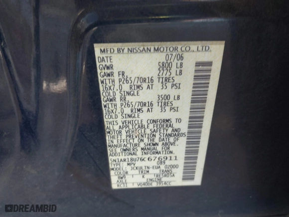 2006 Nissan Pathfinder SE with VIN 5N1AR18U76C676911, listed as a IAAI auction lot 41265946 with 311,141 mi miles. Bid and sale history available at carsss.com. Image 9.
