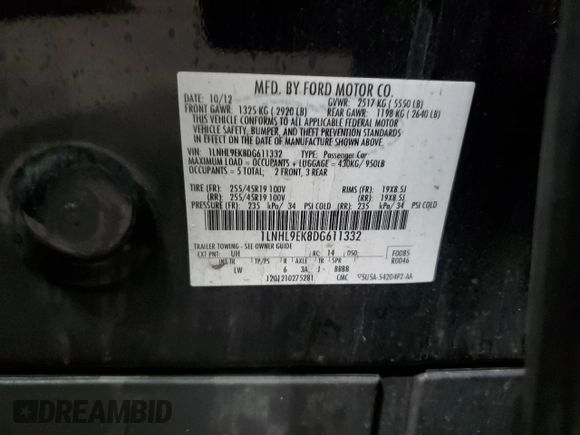 2013 Lincoln MKS with VIN 1LNHL9EK8DG611332, listed as a Copart auction lot 58043345 with 118,910 mi miles and Non repairable. Bid and sale history available at DreamBid. Image 12.