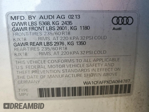 2013 Audi Q5 Premium with VIN WA1CFAFPXDA064787, listed as a Copart auction lot 89256705 with 130,529 mi miles and Salvage Title. Bid and sale history available at carsss.com. Image 14.