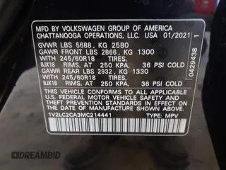 2021 Volkswagen Atlas SE with VIN 1V2LC2CA3MC214441, listed as a IAAI auction lot 40997824 with 87,846 mi miles and . Bid and sale history available at DreamBid. Image 9.