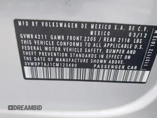 2012 Volkswagen Jetta SE z VIN 3VWDP7AJ1CM123480, wystawiony jako IAAI lot #42765785 z przebiegiem 175 548 mil mil oraz . Historia ofert i sprzedaży dostępna na DreamBid. Obrazek 9.