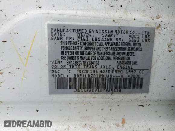 2024 Nissan Sentra SV with VIN 3N1AB8CV1RY284118, listed as a Copart auction lot 46862305 with 17,641 mi miles and Salvage Title. Bid and sale history available at carsss.com. Image 13.