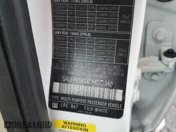 2013 Land Rover LR2 z VIN SALFR2BG4DH372348, wystawiony jako Copart lot #59902505 z przebiegiem Nie podano mil oraz Szkoda całkowita • Salvage title. Historia ofert i sprzedaży dostępna na DreamBid. Obrazek 13.