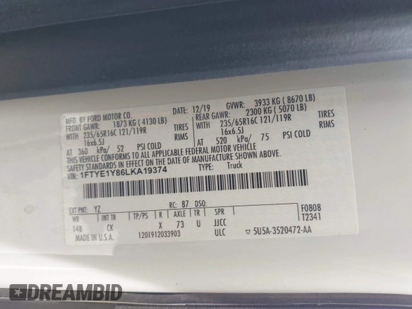 2020 Ford Transit Cargo z VIN 1FTYE1Y86LKA19374, wystawiony jako IAAI lot #42362018 z przebiegiem 93 512 mil mil oraz . Historia ofert i sprzedaży dostępna na DreamBid. Obrazek 9.