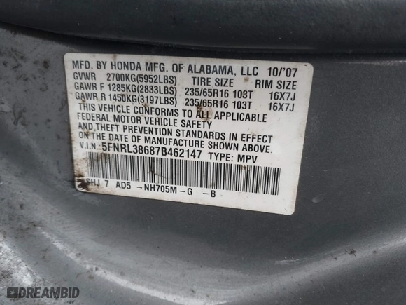 2007 Honda Odyssey EX-L with VIN 5FNRL38687B462147, listed as a IAAI auction lot 41855258 with 272,015 mi miles. Bid and sale history available at carsss.com. Image 9.