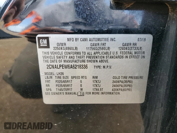 2010 Chevrolet Equinox LT w/2LT with VIN 2CNALPEW6A6218336, listed as a Copart auction lot 51989655 with 117,960 mi miles and Salvage Title. Bid and sale history available at carsss.com. Image 15.