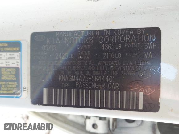 2015 Kia Optima LX with VIN KNAGM4A75F5644401, listed as a IAAI auction lot 41672679 with 217,636 mi miles. Bid and sale history available at carsss.com. Image 9.