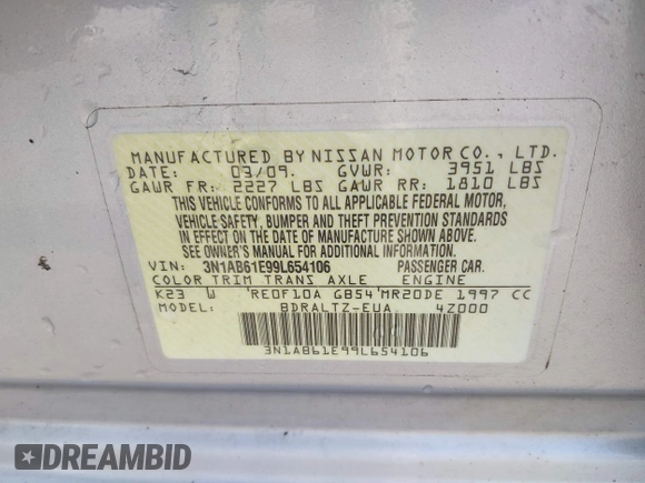 2009 Nissan Sentra FE+ with VIN 3N1AB61E99L654106, listed as a IAAI auction lot 41754270 with 189,406 mi miles and . Bid and sale history available at DreamBid. Image 9.
