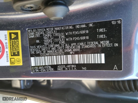 2016 Toyota Highlander LE with VIN 5TDZARFH3GS022622, listed as a Copart auction lot 46581685 with 107,316 mi miles and Salvage Title. Bid and sale history available at carsss.com. Image 13.