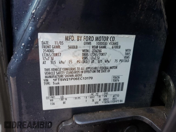 2006 Ford F-250 XL with VIN 1FTSW21P06EC13170, listed as a Copart auction lot 44038305 with 198,100 mi miles and Clean title. Bid and sale history available at DreamBid. Image 12.