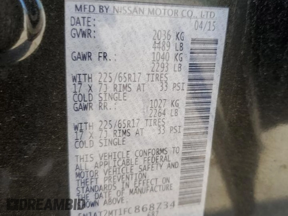 2015 Nissan Rogue S with VIN 5N1AT2MT1FC868734, listed as a Copart auction lot 53066935 with 96,568 mi miles and Salvage Title. Bid and sale history available at carsss.com. Image 13.