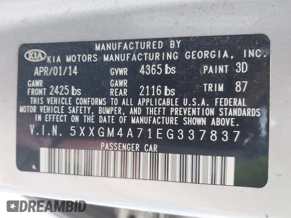 2014 Kia Optima LX with VIN 5XXGM4A71EG337837, listed as a IAAI auction lot 42251696 with 115,063 mi miles and . Bid and sale history available at DreamBid. Image 9.